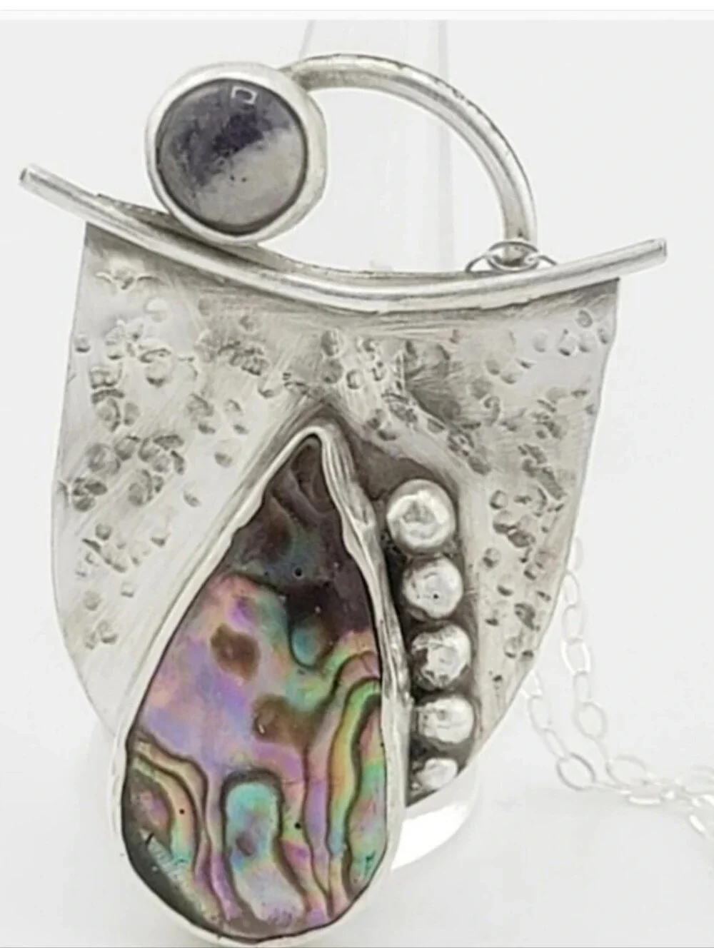 ABALON ABSTRACT AMETHYST PENDANT HANDMADE IN STERLING SILVER METAL W/ SS CHAIN
